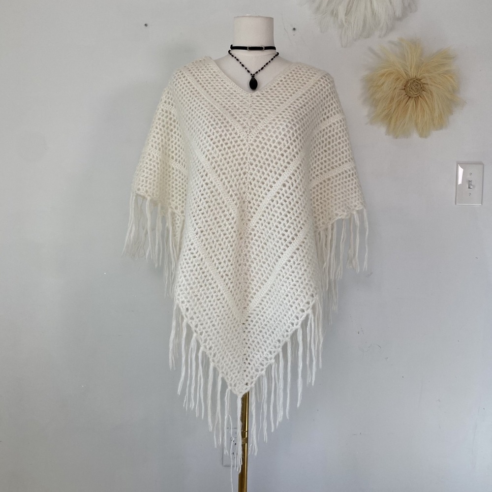 Unbranded Crochet Open Knit Fringe Y2K Poncho Cape One Size Fits Most Festival